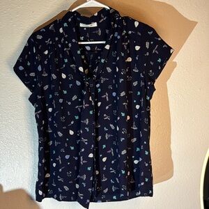 Blue and White Short Sleeve Tie Front Blouse Med